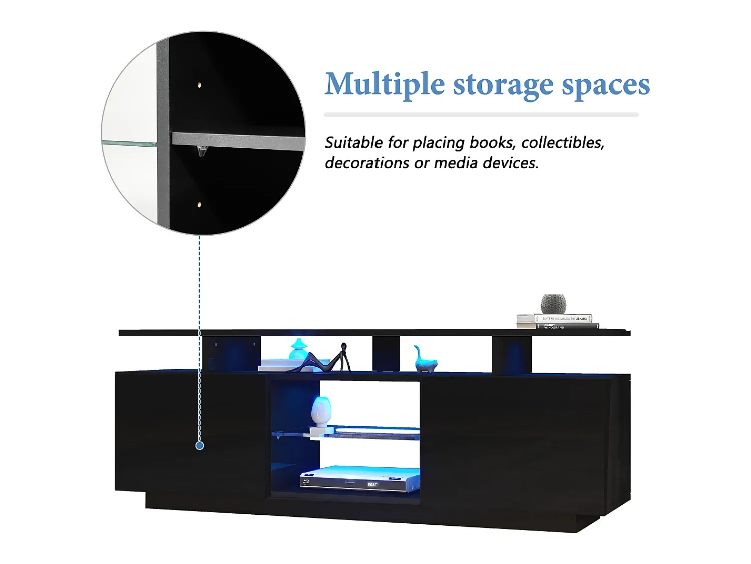 Móvel De Tv| Móvel para TV de 140 cm, iluminação LED de 16 cores, portas laqueadas com painéis de vidro, espaço para TVs de até 60". Preto