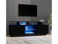 Móvel De Tv| Móvel para TV de 140 cm, iluminação LED de 16 cores, portas laqueadas com painéis de vidro, espaço para TVs de até 60