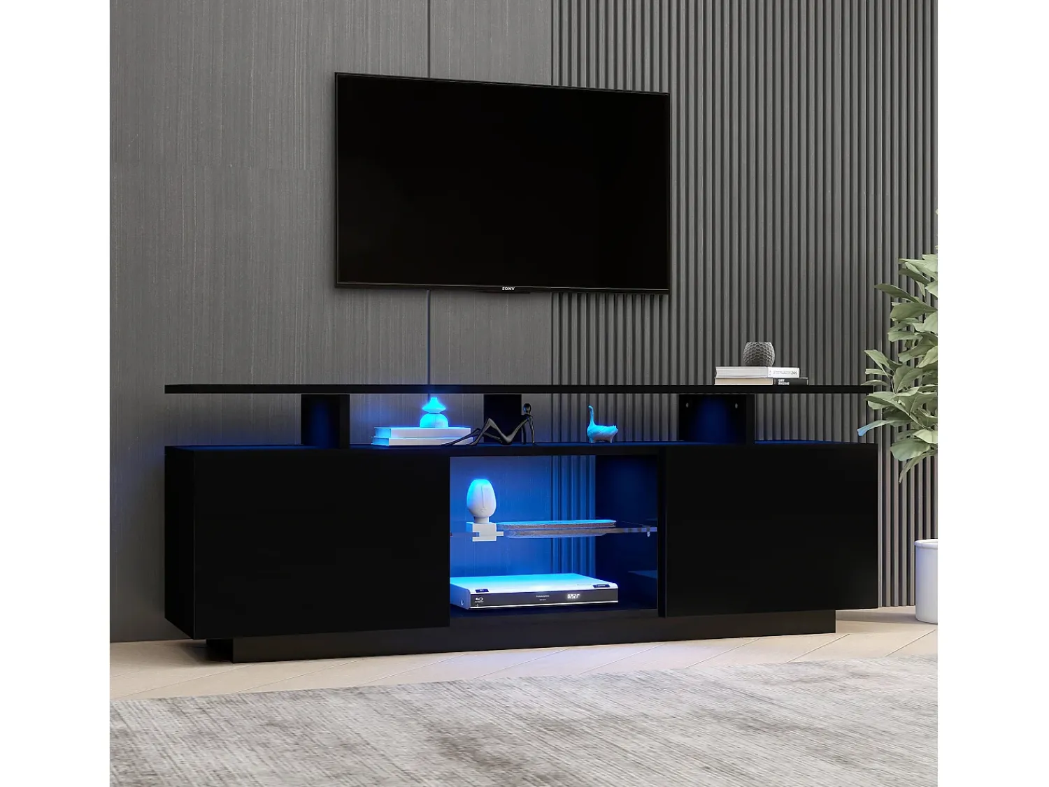 Móvel De Tv| Móvel para TV de 140 cm, iluminação LED de 16 cores, portas laqueadas com painéis de vidro, espaço para TVs de até 60". Preto