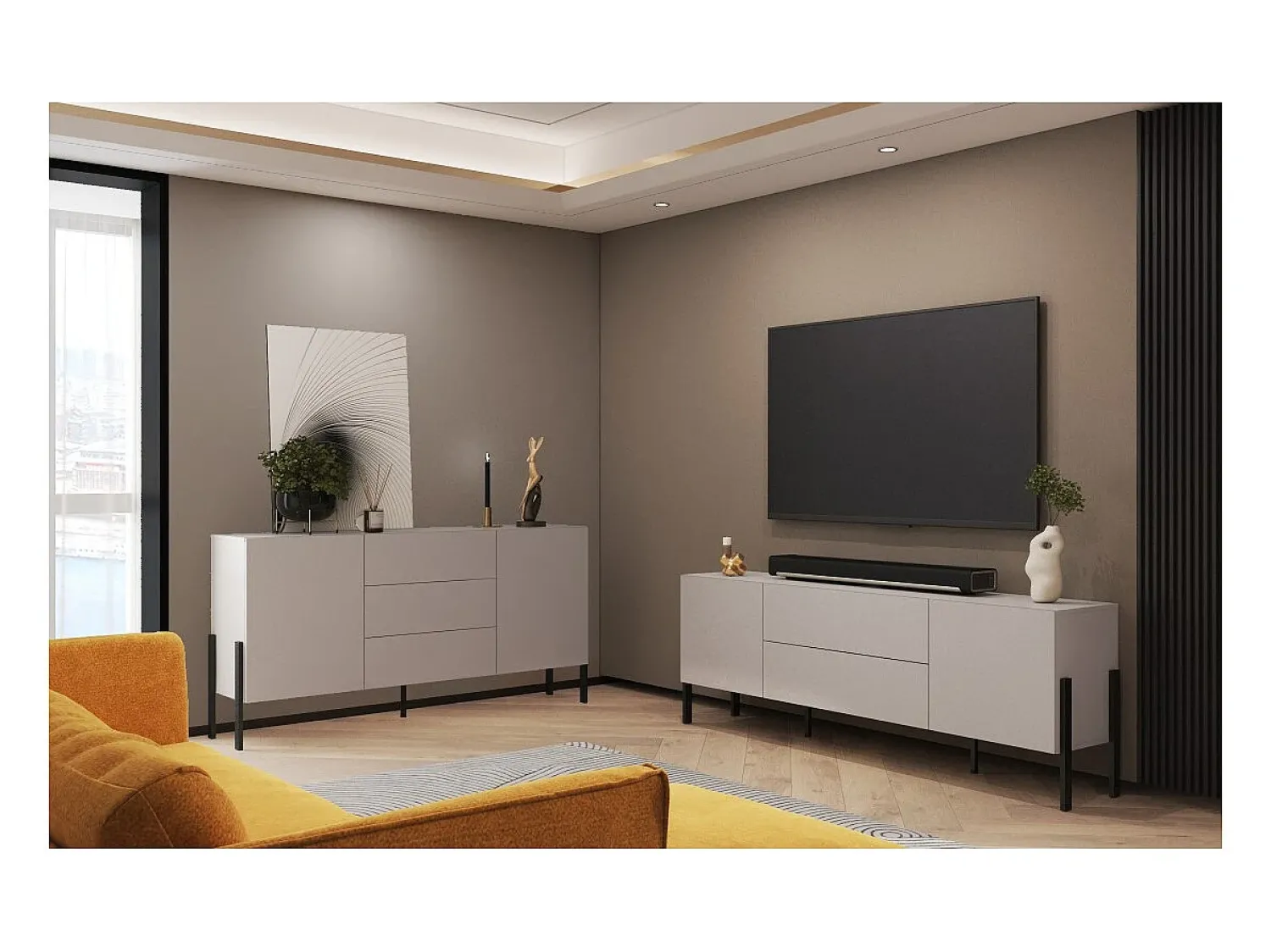 Meublorama Móvel para TV SALMA – 2 portas & 2 gavetas Push-to-Open – & preto fosco, 207×70×40 cm^ Móvel De Tv