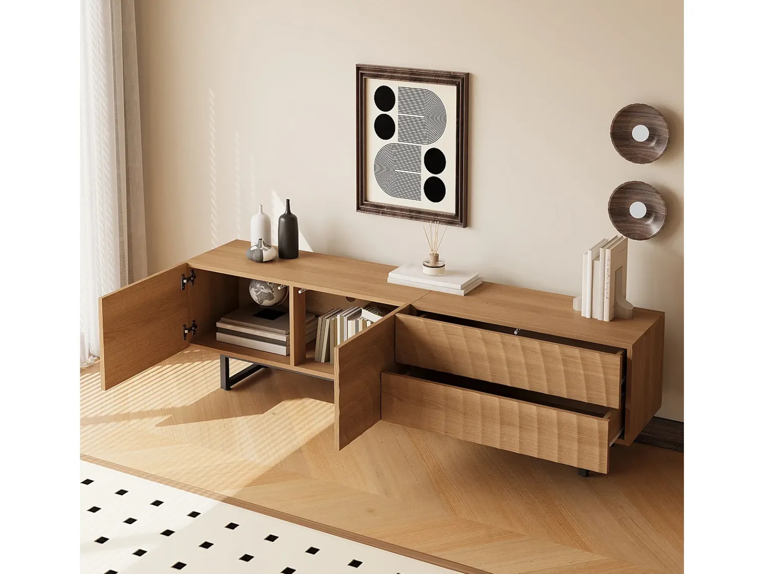 Clearance Hauss Spole Móvel para TV texturado com 2 gavetas e 2 portas - Cor madeira 180 x 38 x 51,5 cm Natural claro