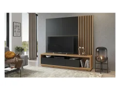Móvel De Tv|Meublorama Móvel para TV XL com painel decorativo de parede coleção CLARA. Cor carvalho e fosco. Preto