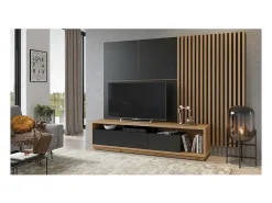 Móvel De Tv*Meublorama Móvel para TV XL com painel de parede decorativo XL coleção CLARA. Cor carvalho e fosco. Preto