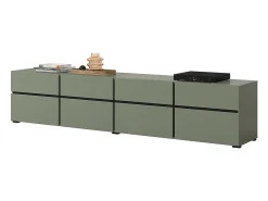Discount Meublorama Móvel para TV XL na cor sálvia, 225cm, coleção HAVANA. Móvel design com 4 portas e 4 gavetas. Verde