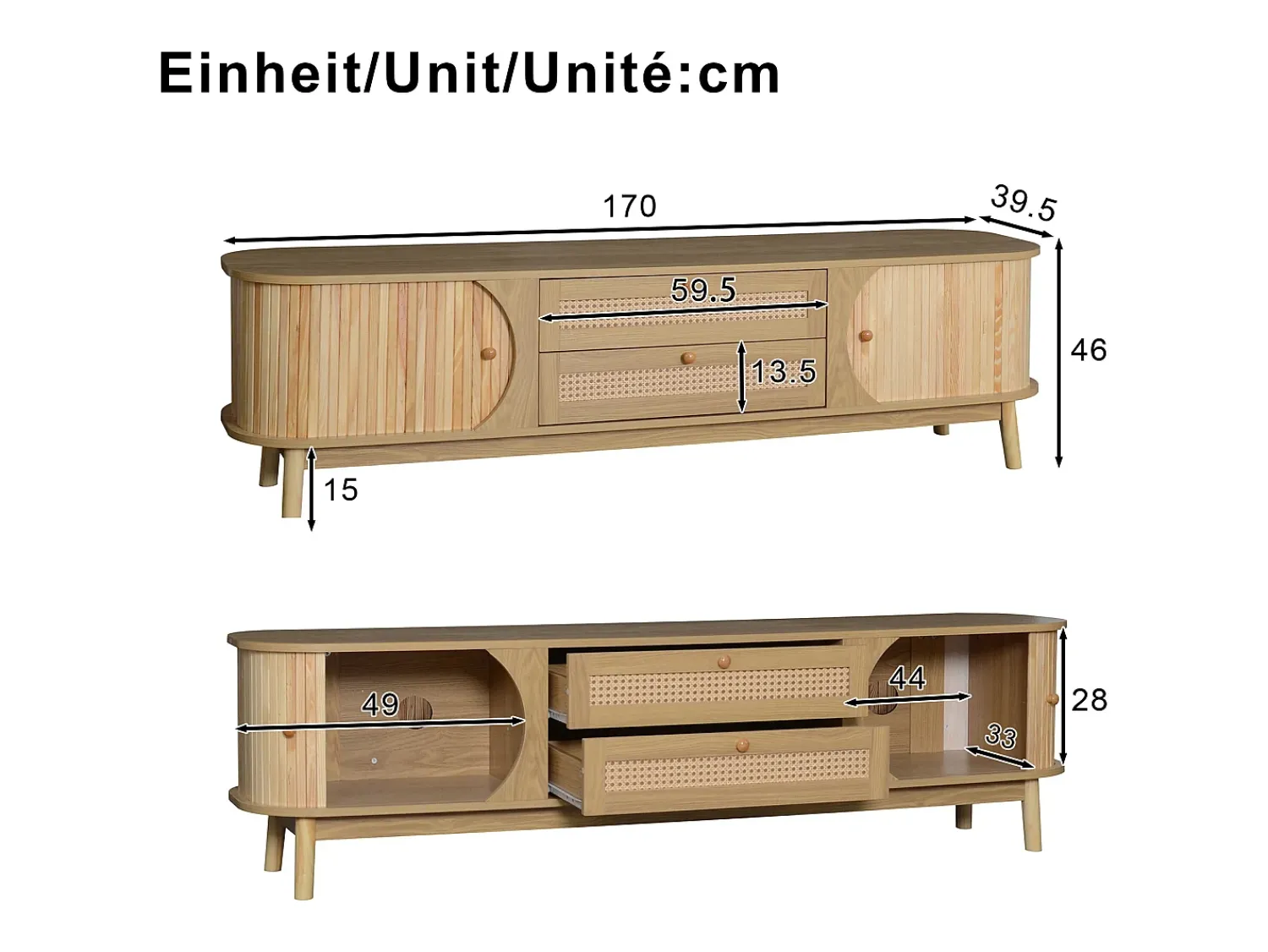 Móvel De Tv|ModernLuxe Móvel para TV 170x40x46 cm - 2 gavetas e 2 portas - grão de madeira natural + Rattan - MDF - Natural Natural claro