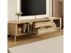 Móvel De Tv|ModernLuxe Móvel para TV 170x40x46 cm - 2 gavetas e 2 portas - grão de madeira natural + Rattan - MDF - Natural Natural claro