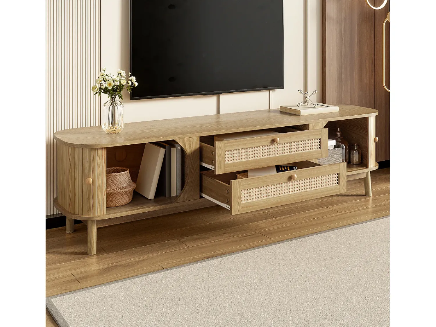 Móvel De Tv|ModernLuxe Móvel para TV 170x40x46 cm - 2 gavetas e 2 portas - grão de madeira natural + Rattan - MDF - Natural Natural claro