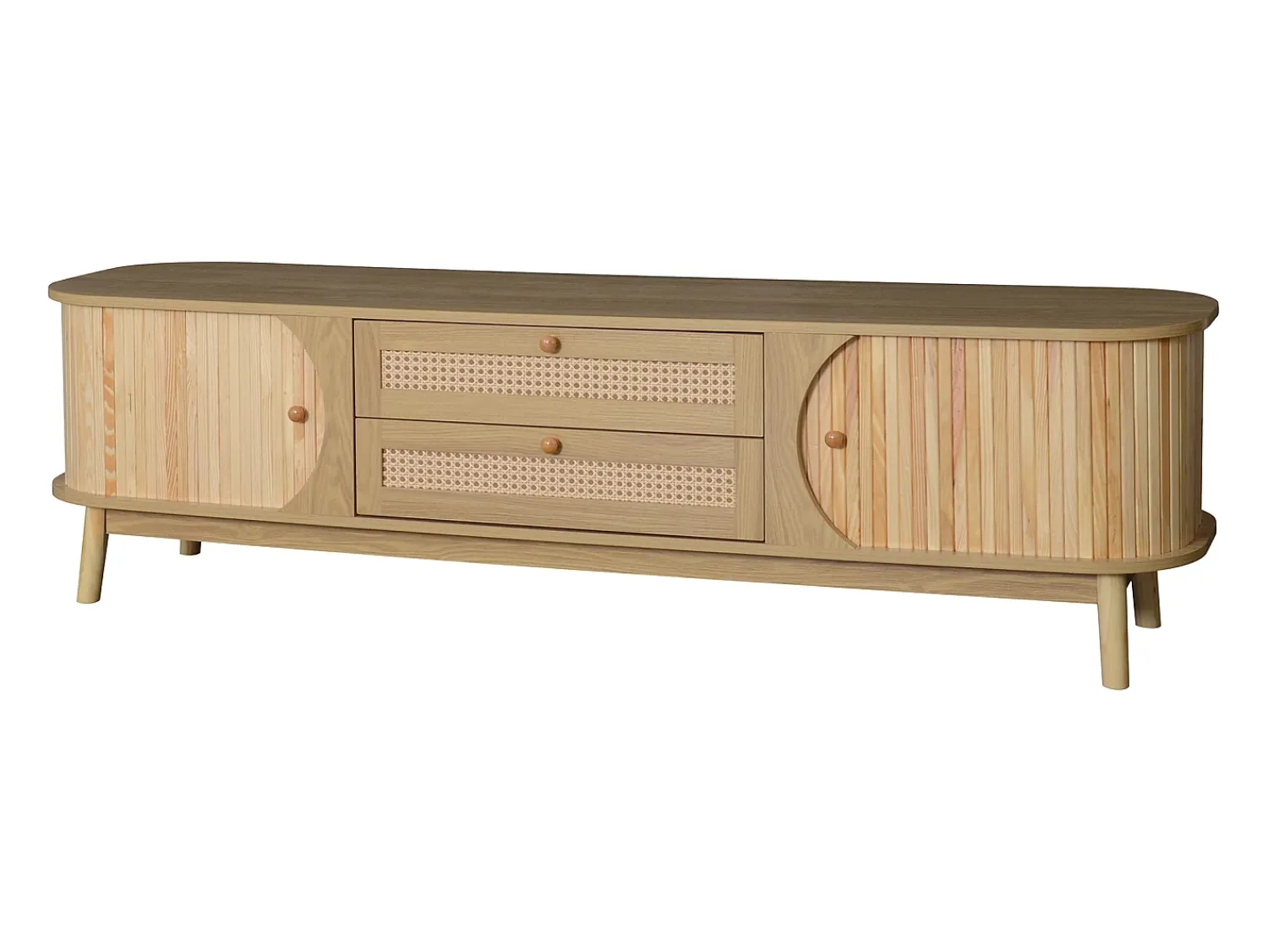 Móvel De Tv|ModernLuxe Móvel para TV 170x40x46 cm - 2 gavetas e 2 portas - grão de madeira natural + Rattan - MDF - Natural Natural claro
