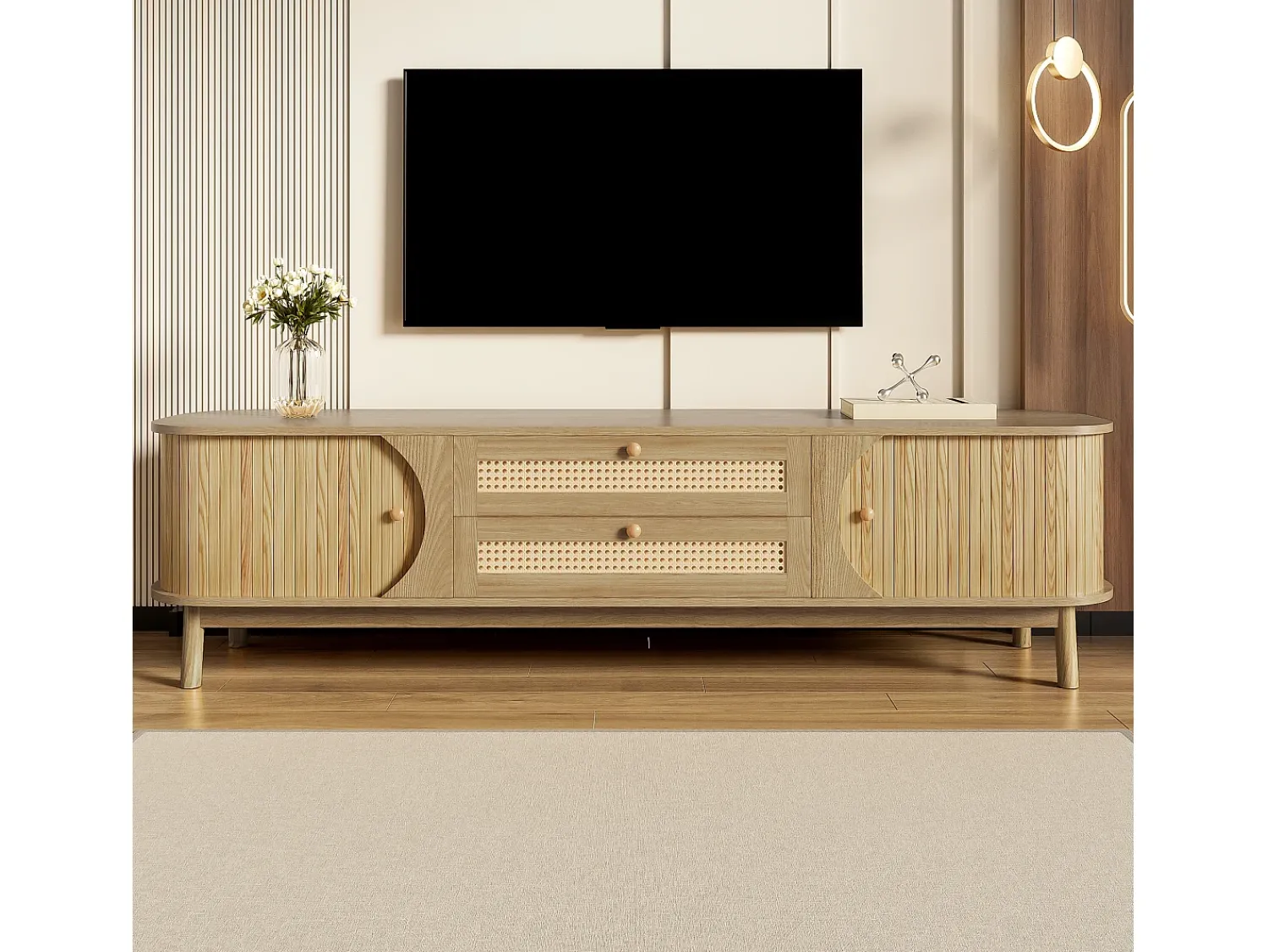 Móvel De Tv|ModernLuxe Móvel para TV 170x40x46 cm - 2 gavetas e 2 portas - grão de madeira natural + Rattan - MDF - Natural Natural claro