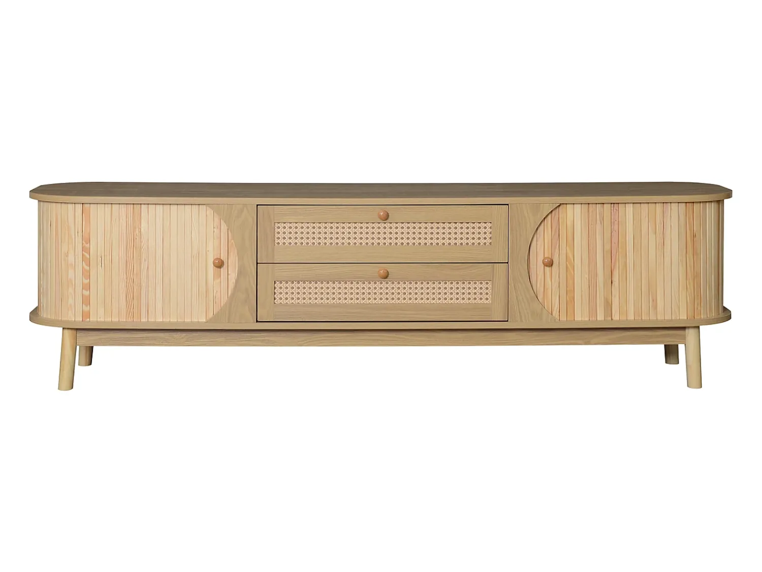Móvel De Tv|ModernLuxe Móvel para TV 170x40x46 cm - 2 gavetas e 2 portas - grão de madeira natural + Rattan - MDF - Natural Natural claro