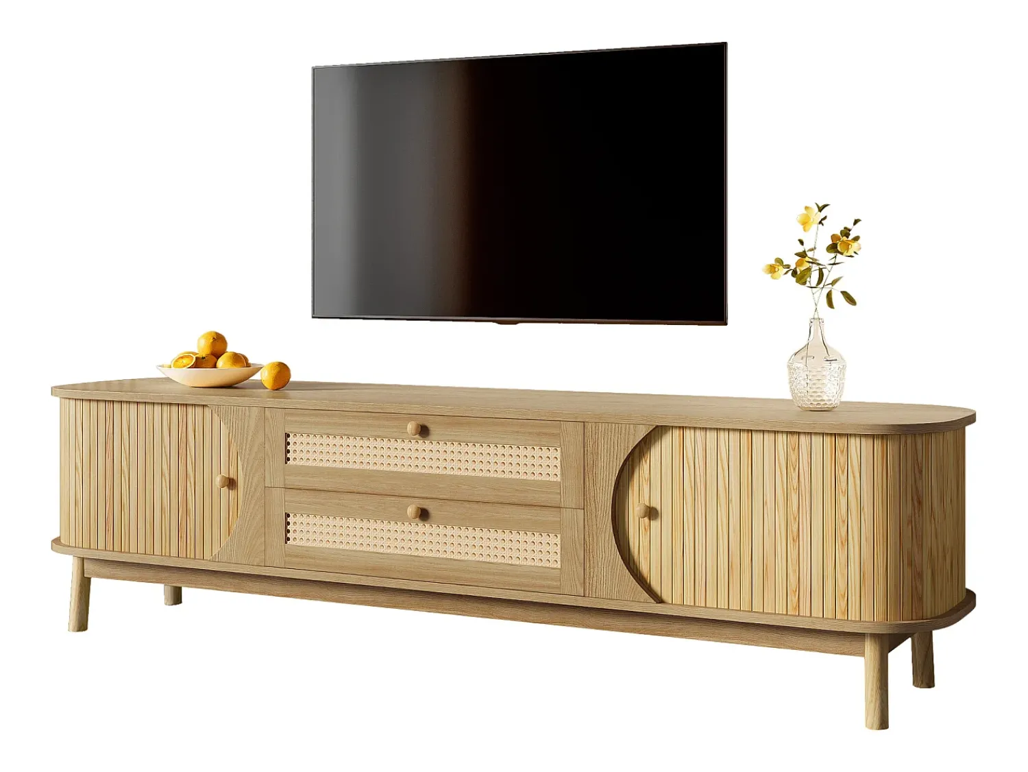 Móvel De Tv|ModernLuxe Móvel para TV 170x40x46 cm - 2 gavetas e 2 portas - grão de madeira natural + Rattan - MDF - Natural Natural claro