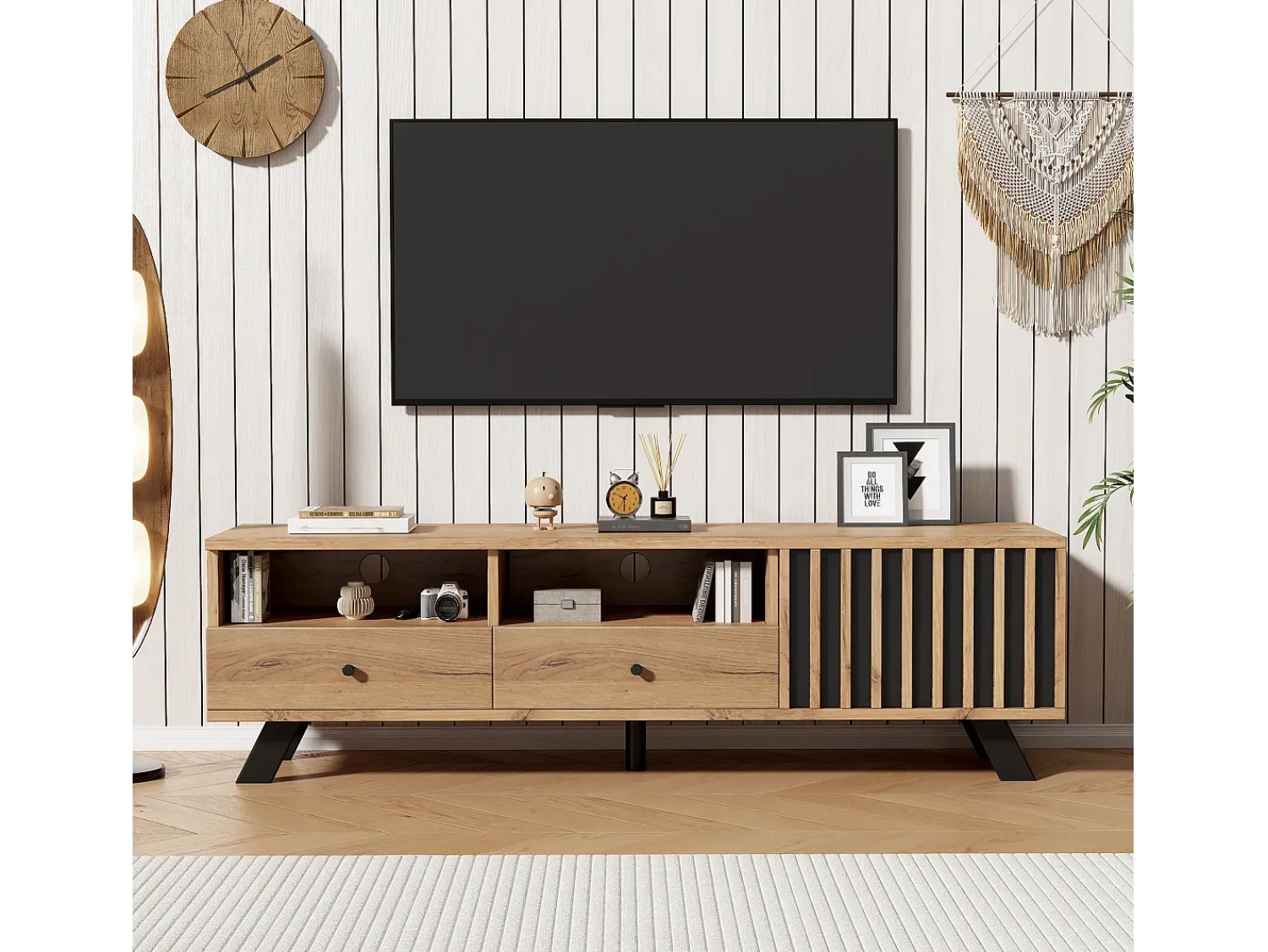 ModernLuxe Móvel para TV 150x38x44 cm - 2 gavetas e 1 porta - 2 compartimentos semiabertos - para TV de 60 polegadas - natural^ Móvel De Tv