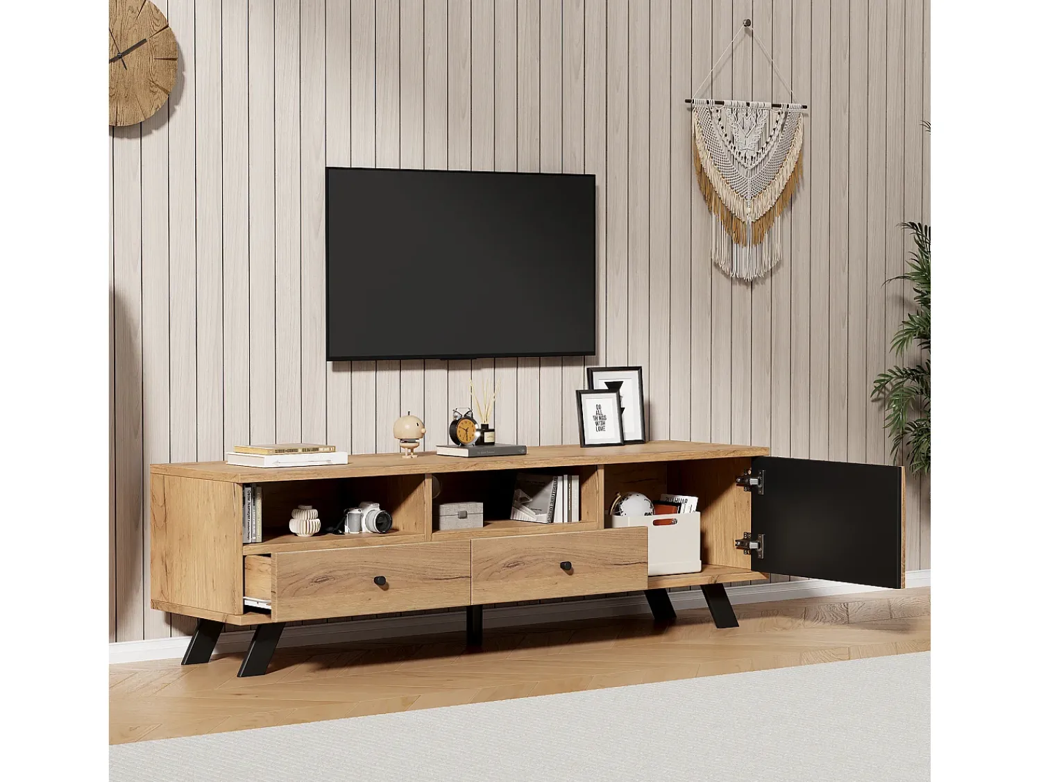 ModernLuxe Móvel para TV 150x38x44 cm - 2 gavetas e 1 porta - 2 compartimentos semiabertos - para TV de 60 polegadas - natural^ Móvel De Tv