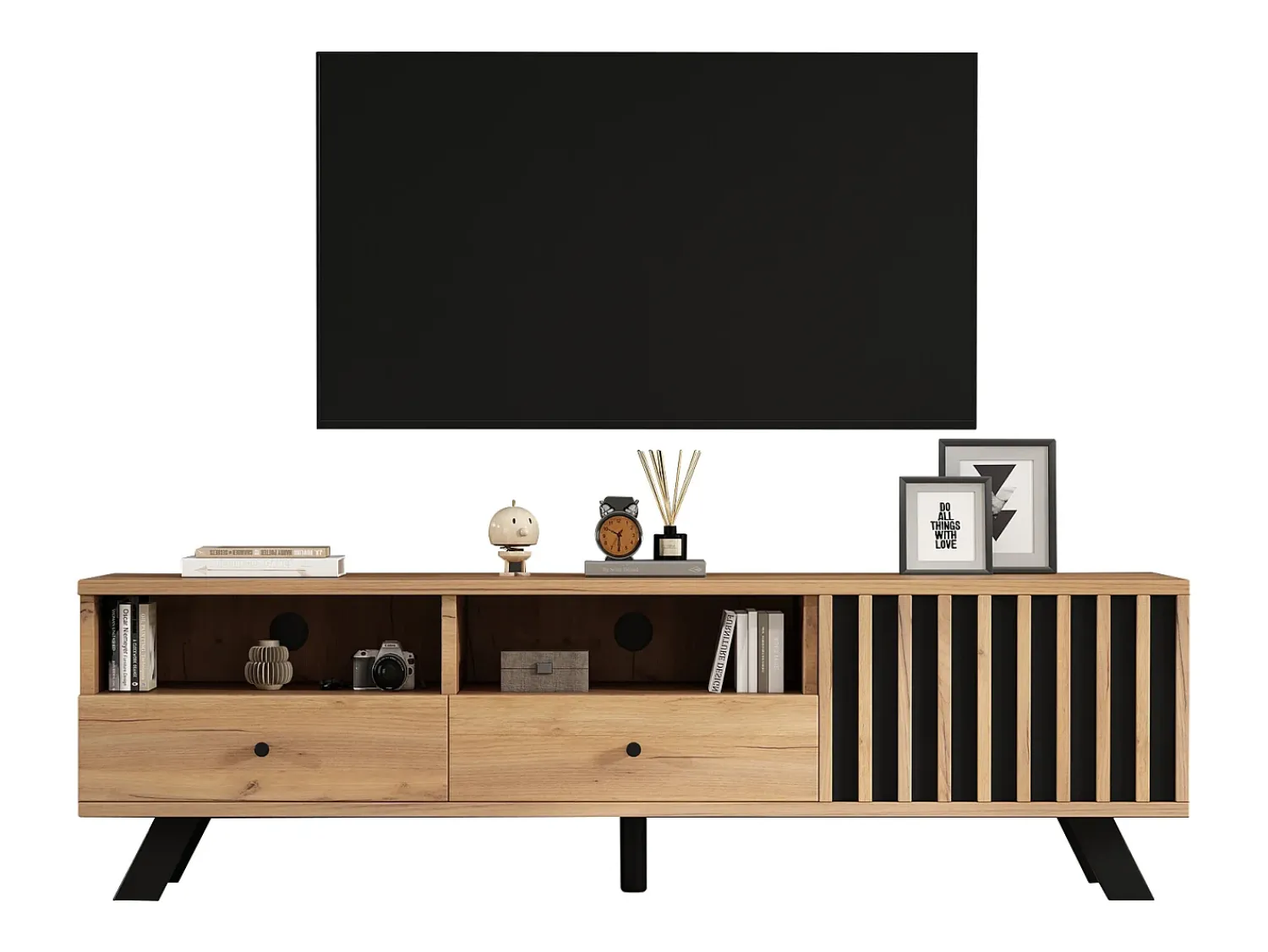 ModernLuxe Móvel para TV 150x38x44 cm - 2 gavetas e 1 porta - 2 compartimentos semiabertos - para TV de 60 polegadas - natural^ Móvel De Tv