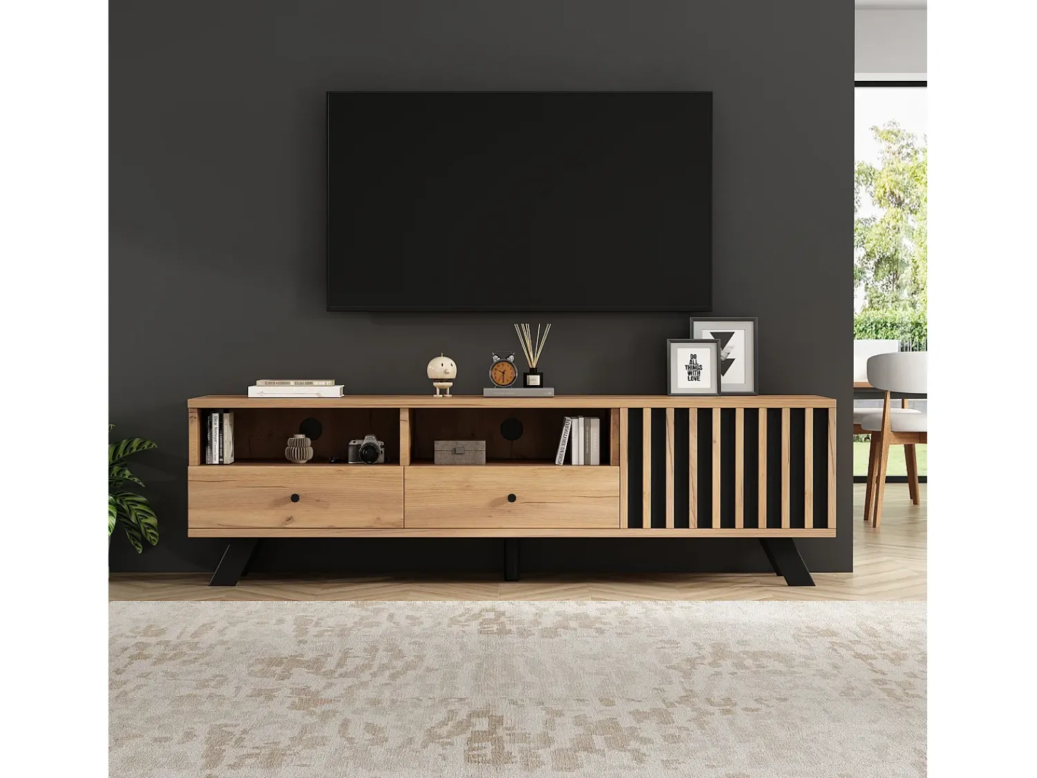 ModernLuxe Móvel para TV 150x38x44 cm - 2 gavetas e 1 porta - 2 compartimentos semiabertos - para TV de 60 polegadas - natural^ Móvel De Tv
