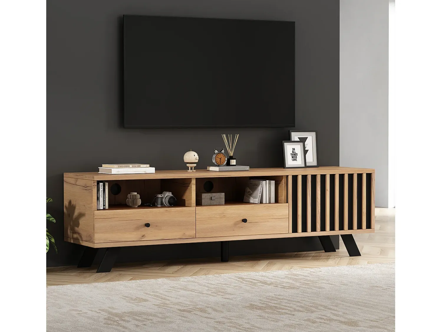 ModernLuxe Móvel para TV 150x38x44 cm - 2 gavetas e 1 porta - 2 compartimentos semiabertos - para TV de 60 polegadas - natural^ Móvel De Tv