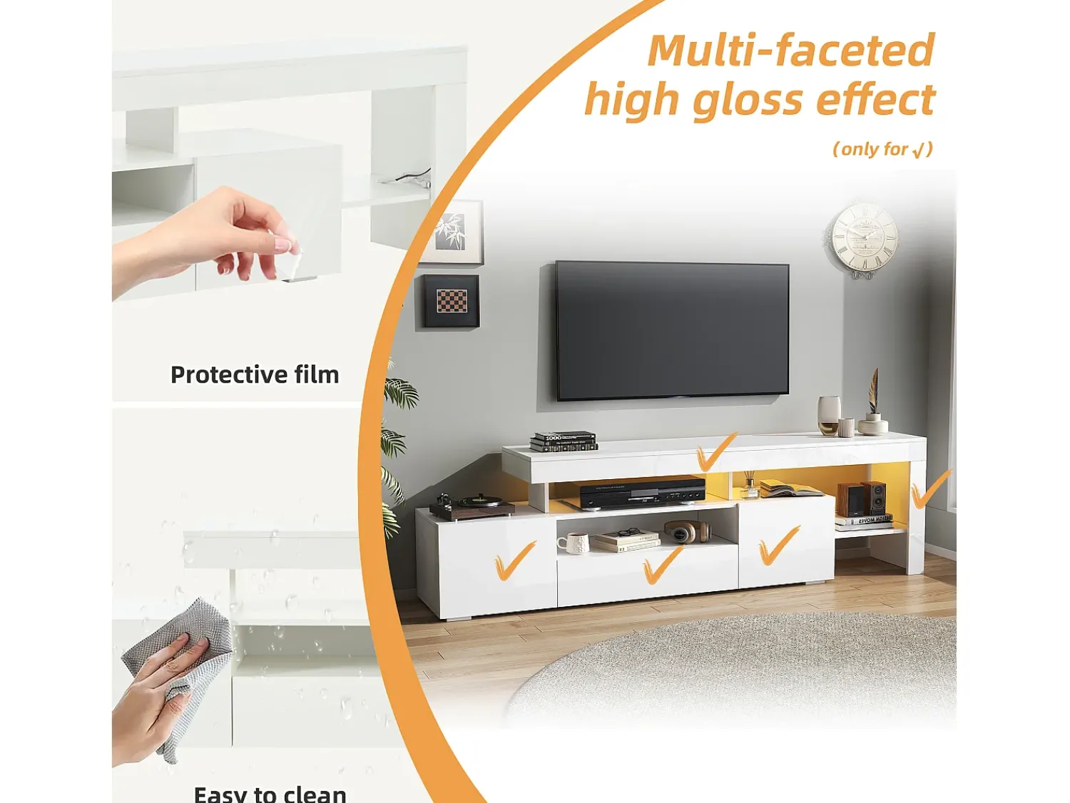 Móvel De Tv*ModernLuxe Móvel para TV 192x37x53 cm - 3 portas basculantes - com LED - Armazenamento semiaberto - Acabamento brilhante - Branco