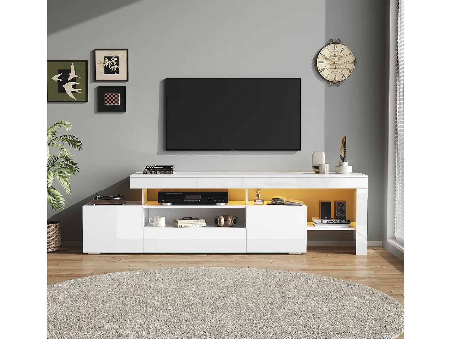 Móvel De Tv*ModernLuxe Móvel para TV 192x37x53 cm - 3 portas basculantes - com LED - Armazenamento semiaberto - Acabamento brilhante - Branco