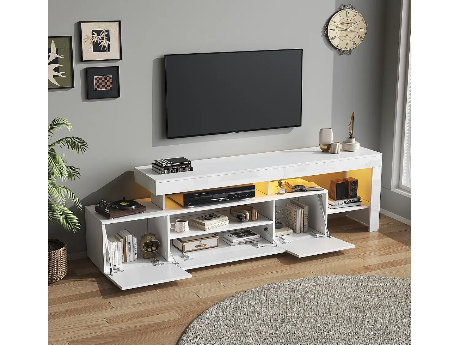 Móvel De Tv*ModernLuxe Móvel para TV 192x37x53 cm - 3 portas basculantes - com LED - Armazenamento semiaberto - Acabamento brilhante - Branco