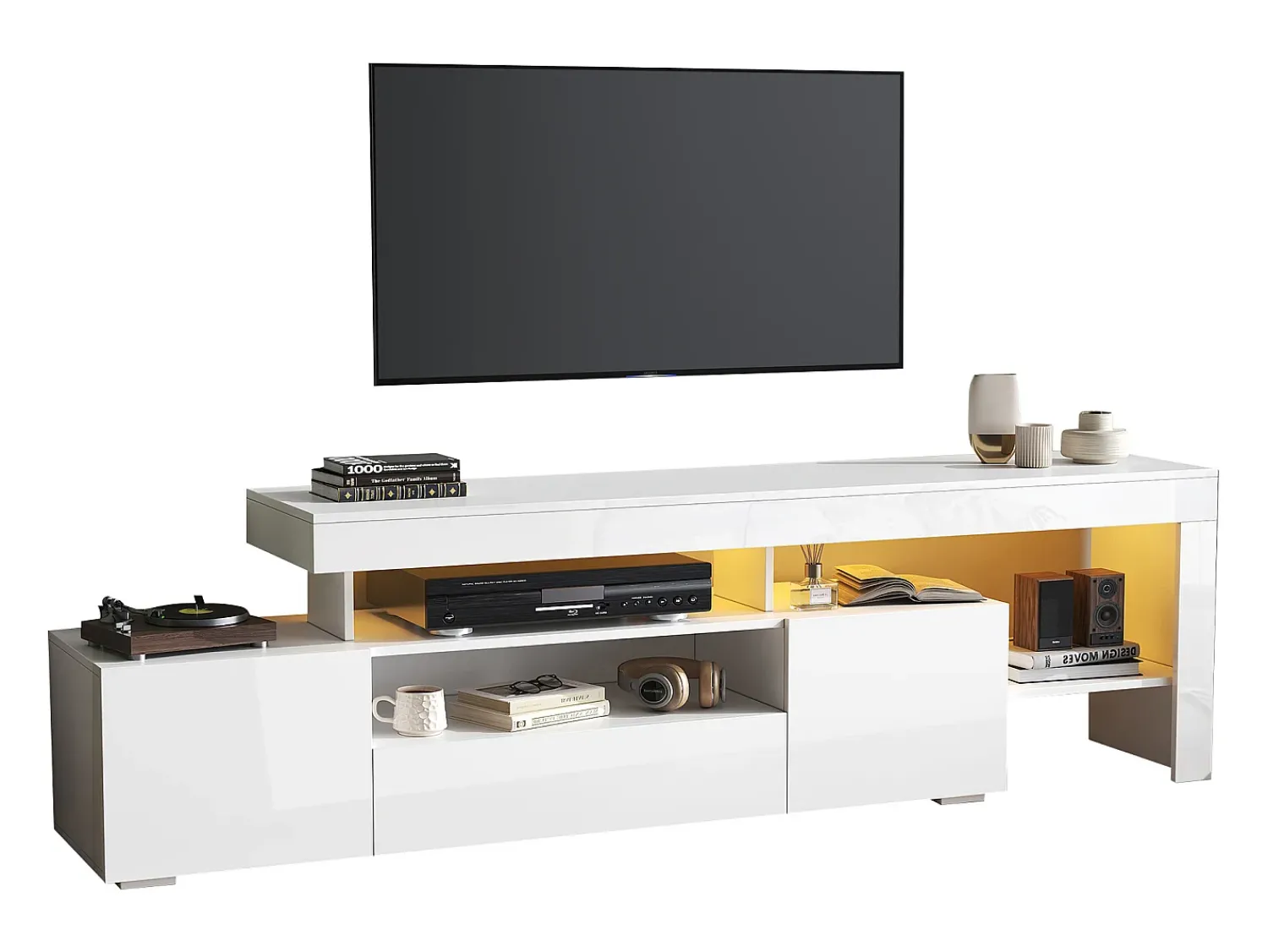 Móvel De Tv*ModernLuxe Móvel para TV 192x37x53 cm - 3 portas basculantes - com LED - Armazenamento semiaberto - Acabamento brilhante - Branco