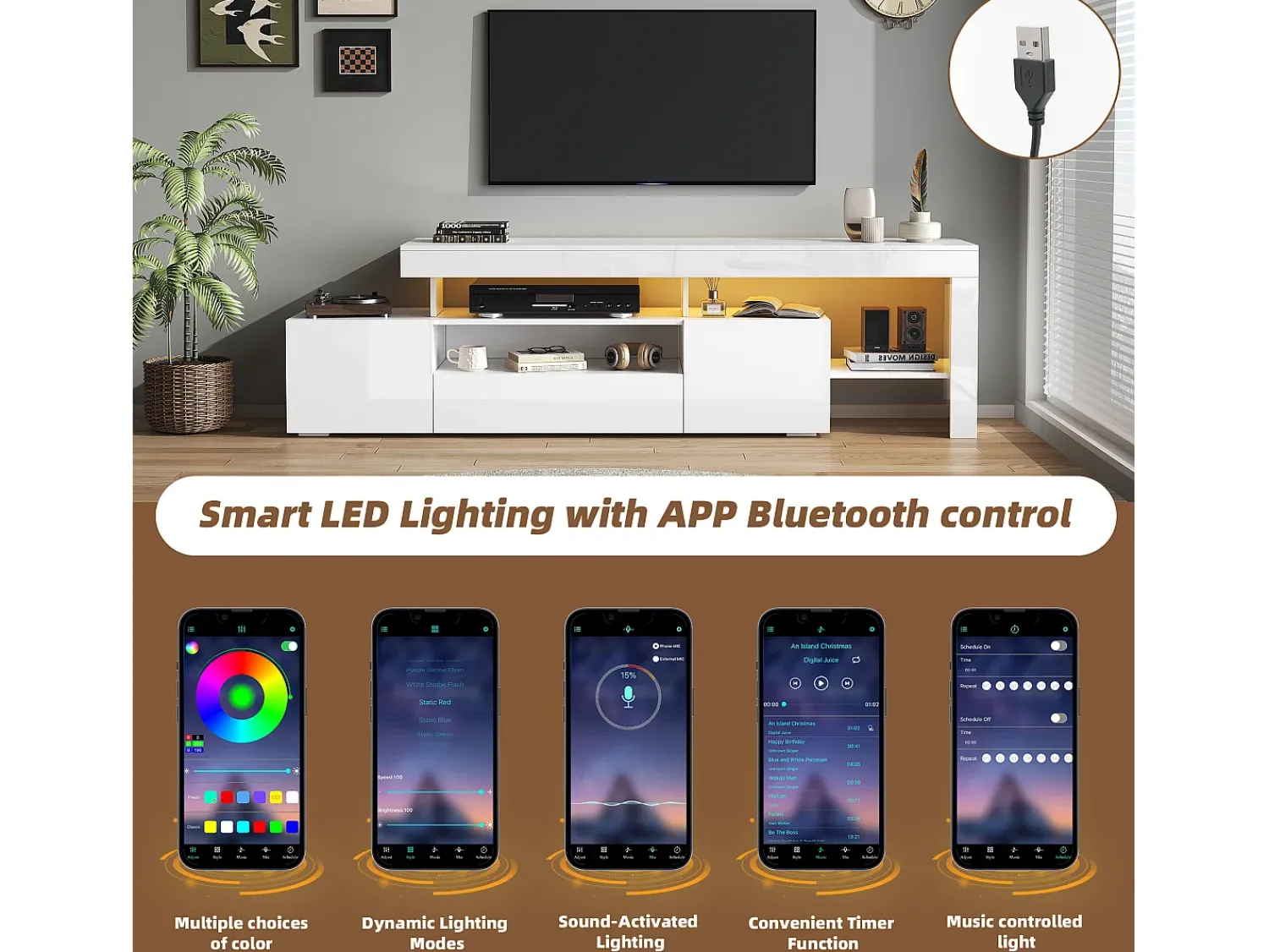 Móvel De Tv*ModernLuxe Móvel para TV 192x37x53 cm - 3 portas basculantes - com LED - Armazenamento semiaberto - Acabamento brilhante - Branco