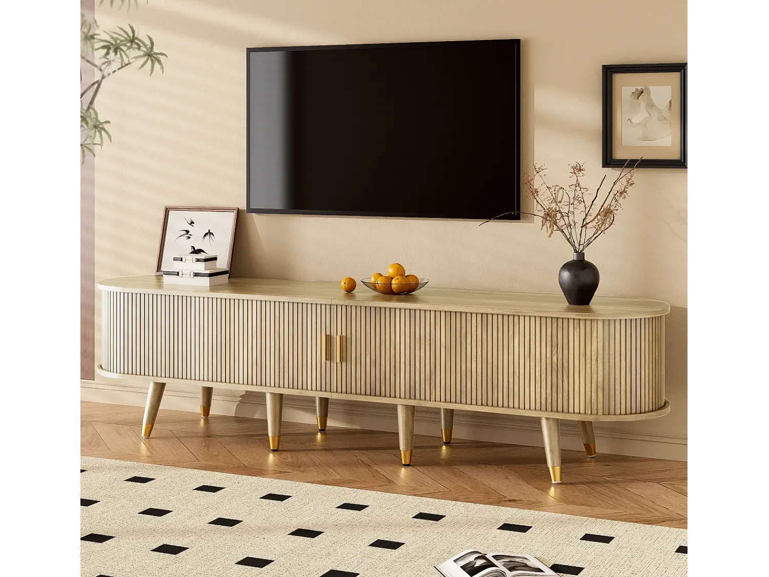 Móvel De Tv|ModernLuxe Móvel para TV 175x38x45 cm - 2 portas de correr de rattan - 2 gavetas - Natural Natural claro