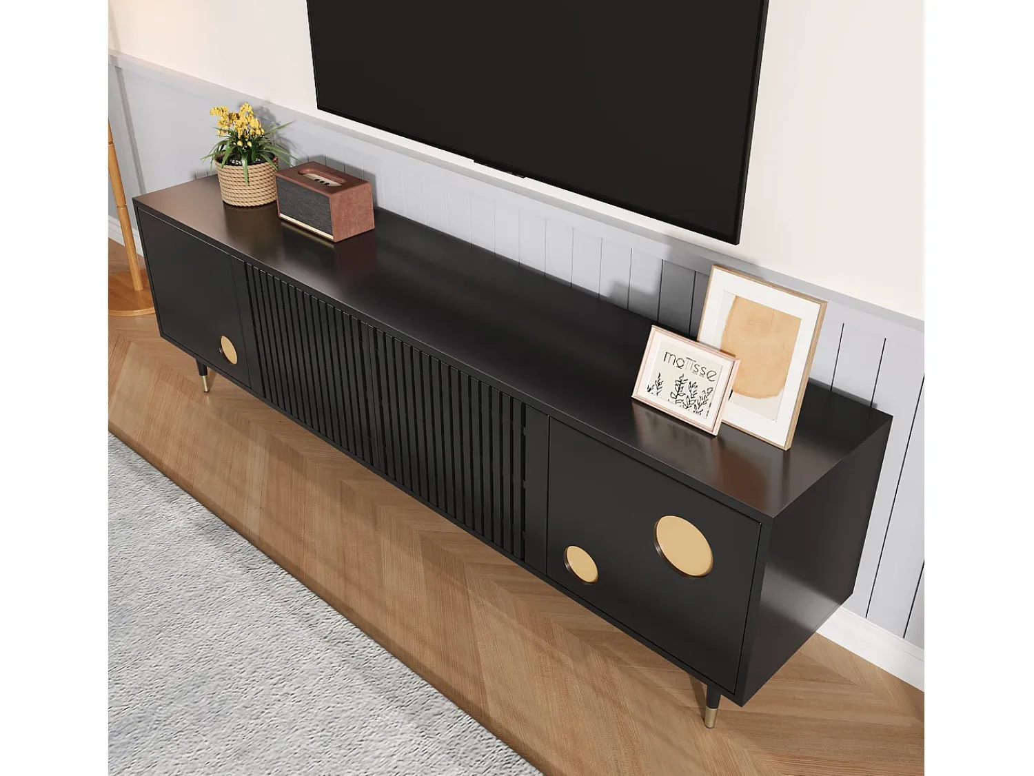 Móvel De Tv*ModernLuxe Móvel para TV 170x36x54 cm - 4 portas - puxadores ocultos - pés ajustáveis - MDF - Preto
