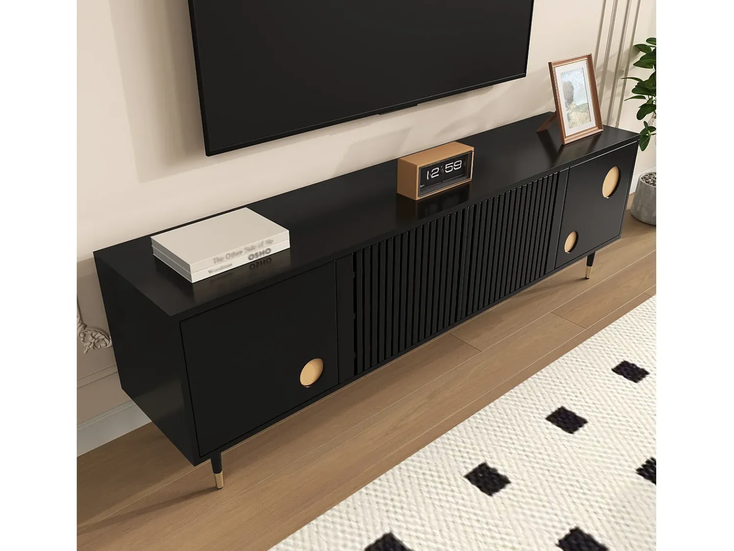 Móvel De Tv*ModernLuxe Móvel para TV 170x36x54 cm - 4 portas - puxadores ocultos - pés ajustáveis - MDF - Preto