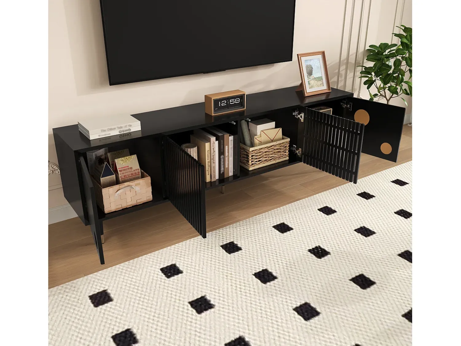 Móvel De Tv*ModernLuxe Móvel para TV 170x36x54 cm - 4 portas - puxadores ocultos - pés ajustáveis - MDF - Preto