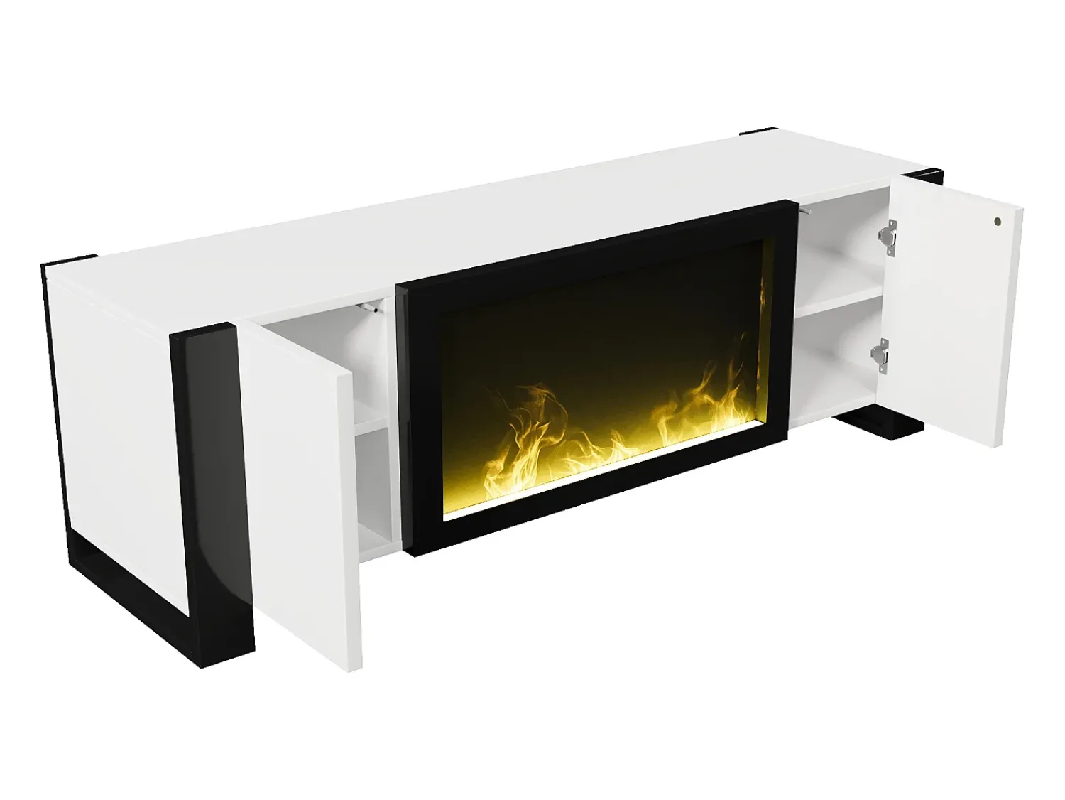 Móvel De Tv|ModernLuxe Móvel para TV 165x32x55 cm - 2 portas - Com lareira elétrica efeito chama - Sem aquecimento - Branco + Preto Preto / Branco