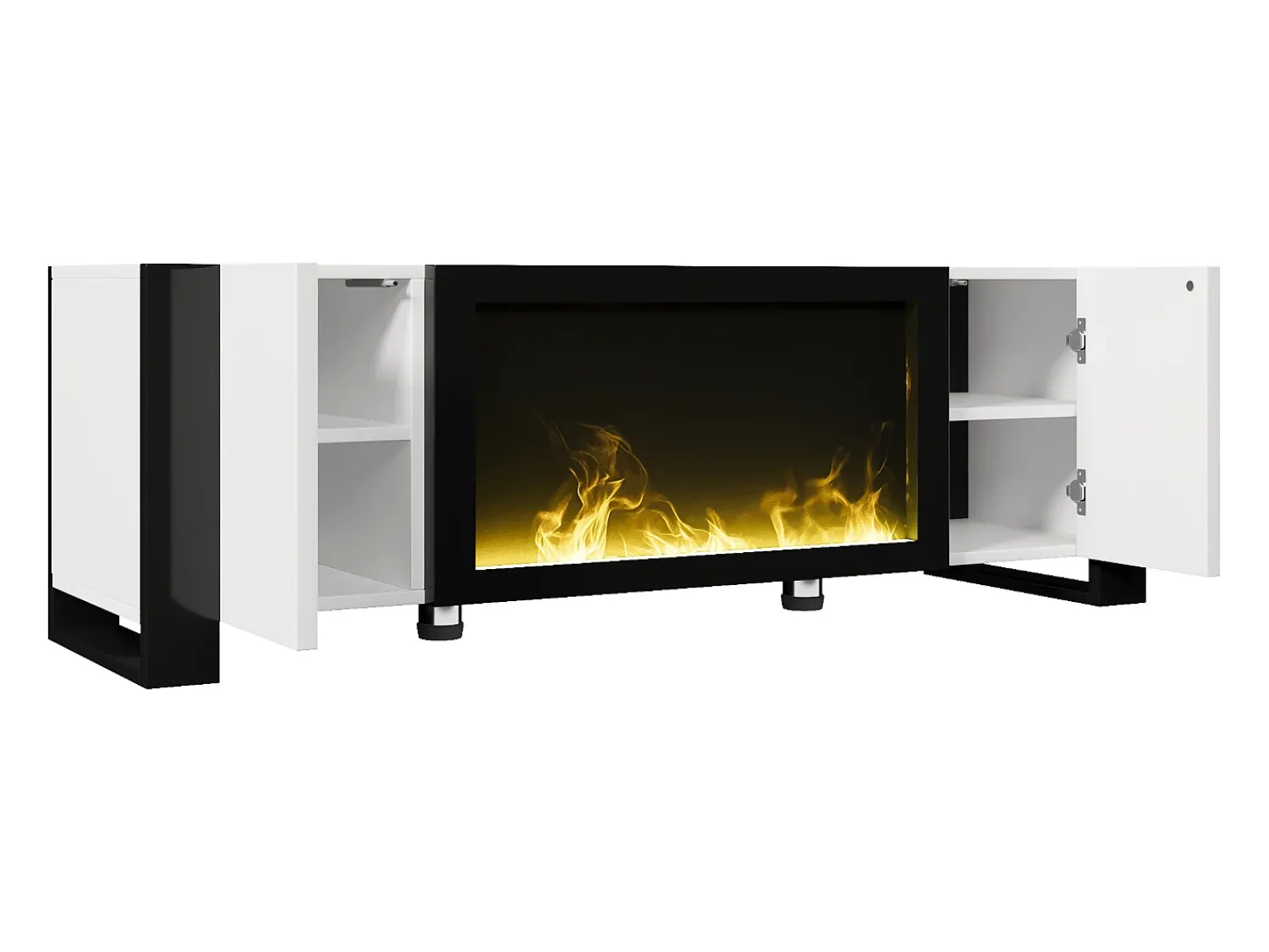 Móvel De Tv|ModernLuxe Móvel para TV 165x32x55 cm - 2 portas - Com lareira elétrica efeito chama - Sem aquecimento - Branco + Preto Preto / Branco