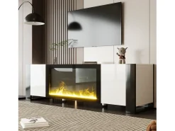 Móvel De Tv|ModernLuxe Móvel para TV 165x32x55 cm - 2 portas - Com lareira elétrica efeito chama - Sem aquecimento - Branco + Preto Preto / Branco
