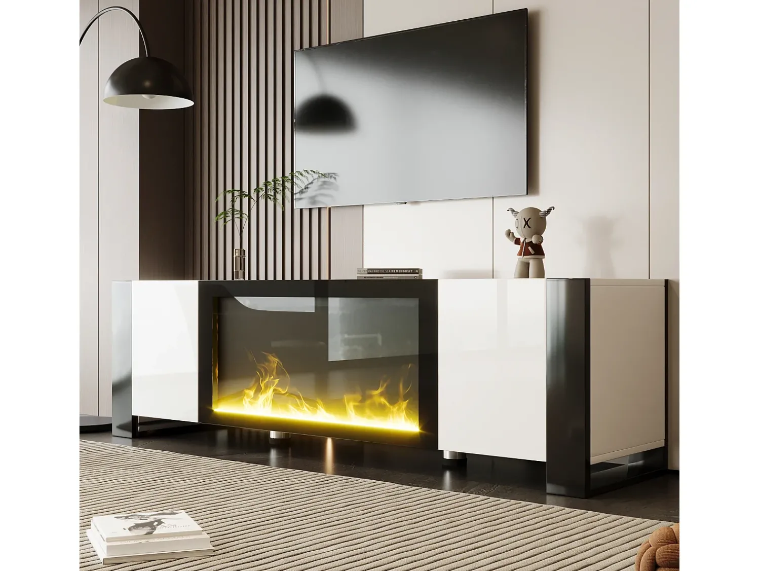 Móvel De Tv|ModernLuxe Móvel para TV 165x32x55 cm - 2 portas - Com lareira elétrica efeito chama - Sem aquecimento - Branco + Preto Preto / Branco