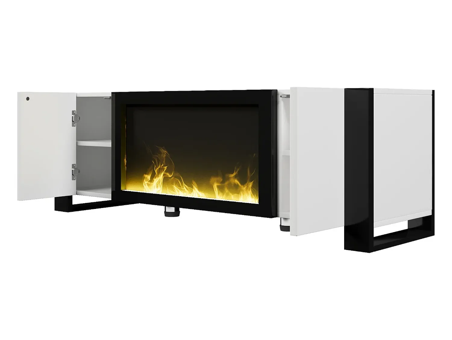 Móvel De Tv|ModernLuxe Móvel para TV 165x32x55 cm - 2 portas - Com lareira elétrica efeito chama - Sem aquecimento - Branco + Preto Preto / Branco