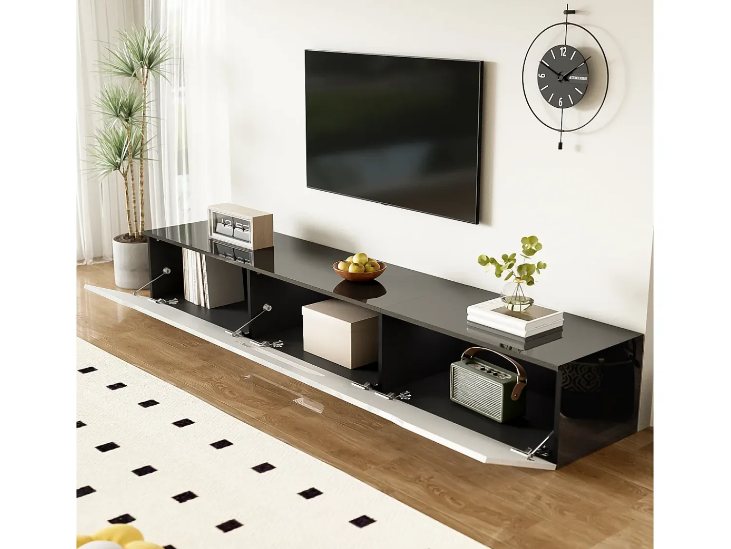 ModernLuxe Móvel para TV 180x35x30 cm - acabamento brilhante - iluminação LED 16 cores - montagem em parede - branco+preto^ Móvel De Tv