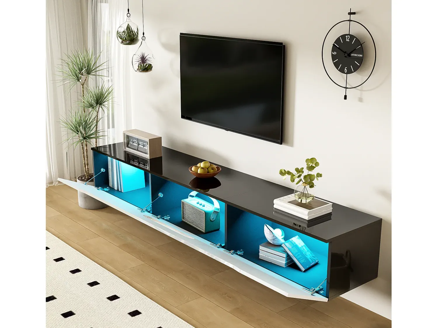 ModernLuxe Móvel para TV 180x35x30 cm - acabamento brilhante - iluminação LED 16 cores - montagem em parede - branco+preto^ Móvel De Tv