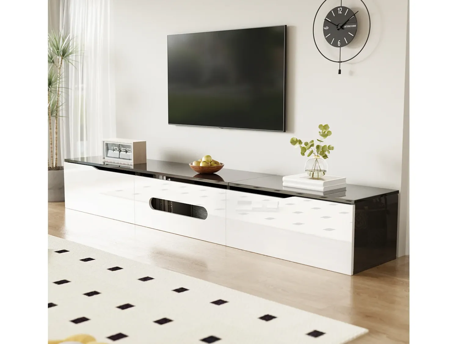 ModernLuxe Móvel para TV 180x35x30 cm - acabamento brilhante - iluminação LED 16 cores - montagem em parede - branco+preto^ Móvel De Tv