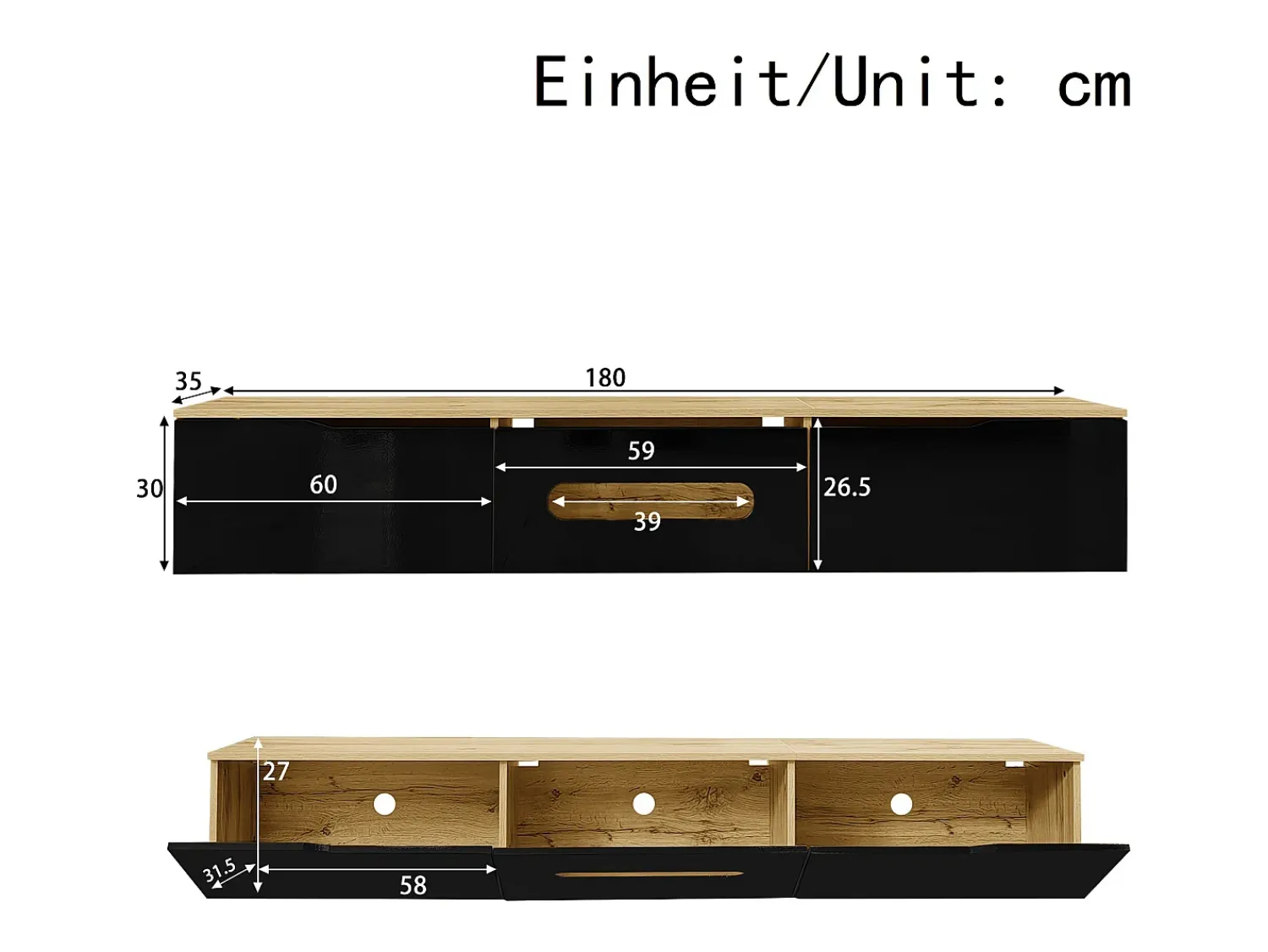 ModernLuxe Móvel para TV 180x35x30 cm - acabamento brilhante - com iluminação LED 16 cores - montagem em parede - preto + natural^ Móvel De Tv