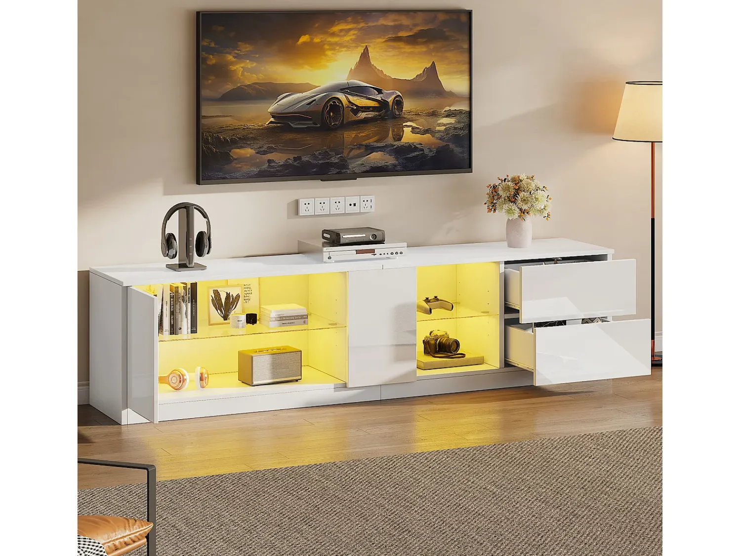 ModernLuxe Móvel para TV 160x40x52 cm - alto brilho - com LED - adequado para televisores de 65" - com 2 gavetas e 1 porta -^ Móvel De Tv