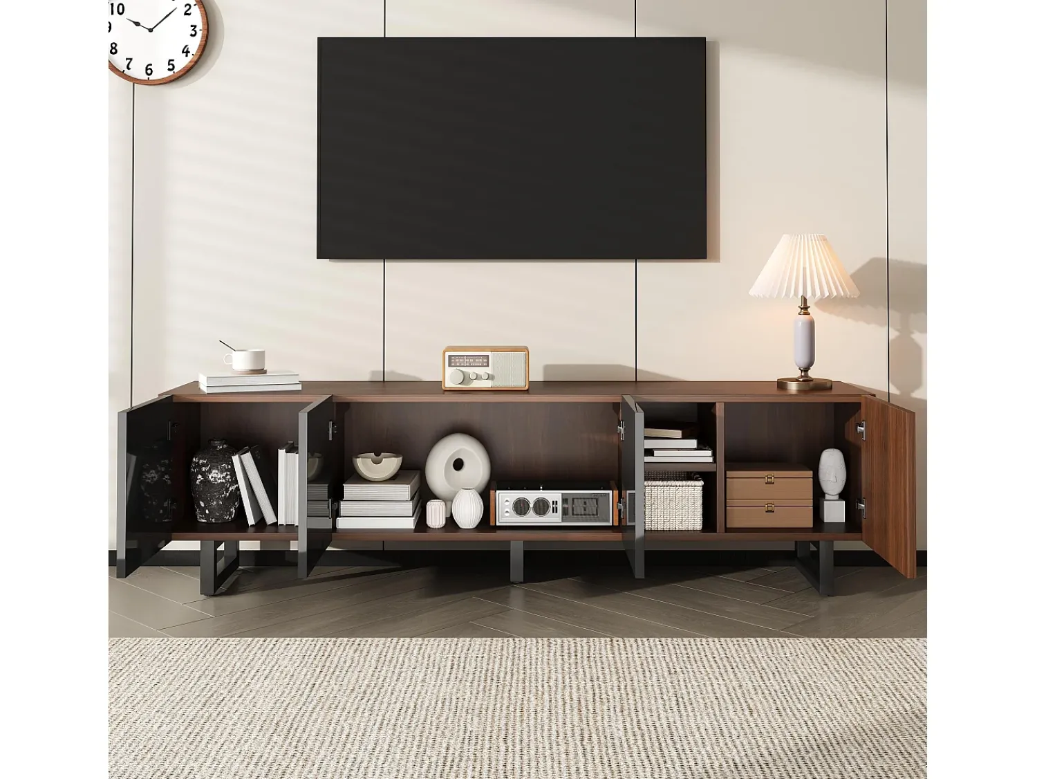 ModernLuxe Móvel para TV 180x38x50 cm - com 4 portas - aspecto madeira - Portas de alto brilho - MDF + painéis de partículas - Natural + preto^ Móvel De Tv