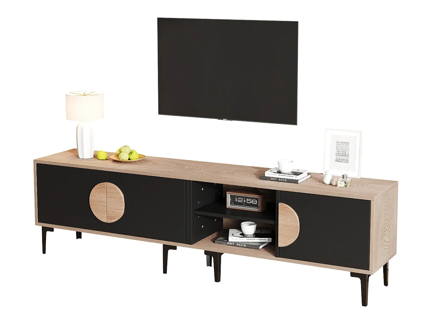 Móvel De Tv|ModernLuxe Móvel para TV 180x35x49 cm - com 3 portas - Prateleiras abertas - Painéis de partículas - Natural e preto Preto / Natural claro