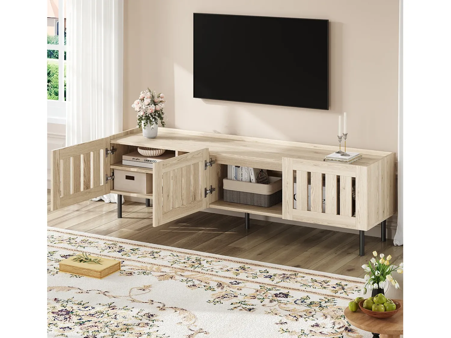 Móvel De Tv*ModernLuxe Móvel para TV 160x40x47 cm - com 3 portas - Design vazado - MDF + metal - Natural Natural claro