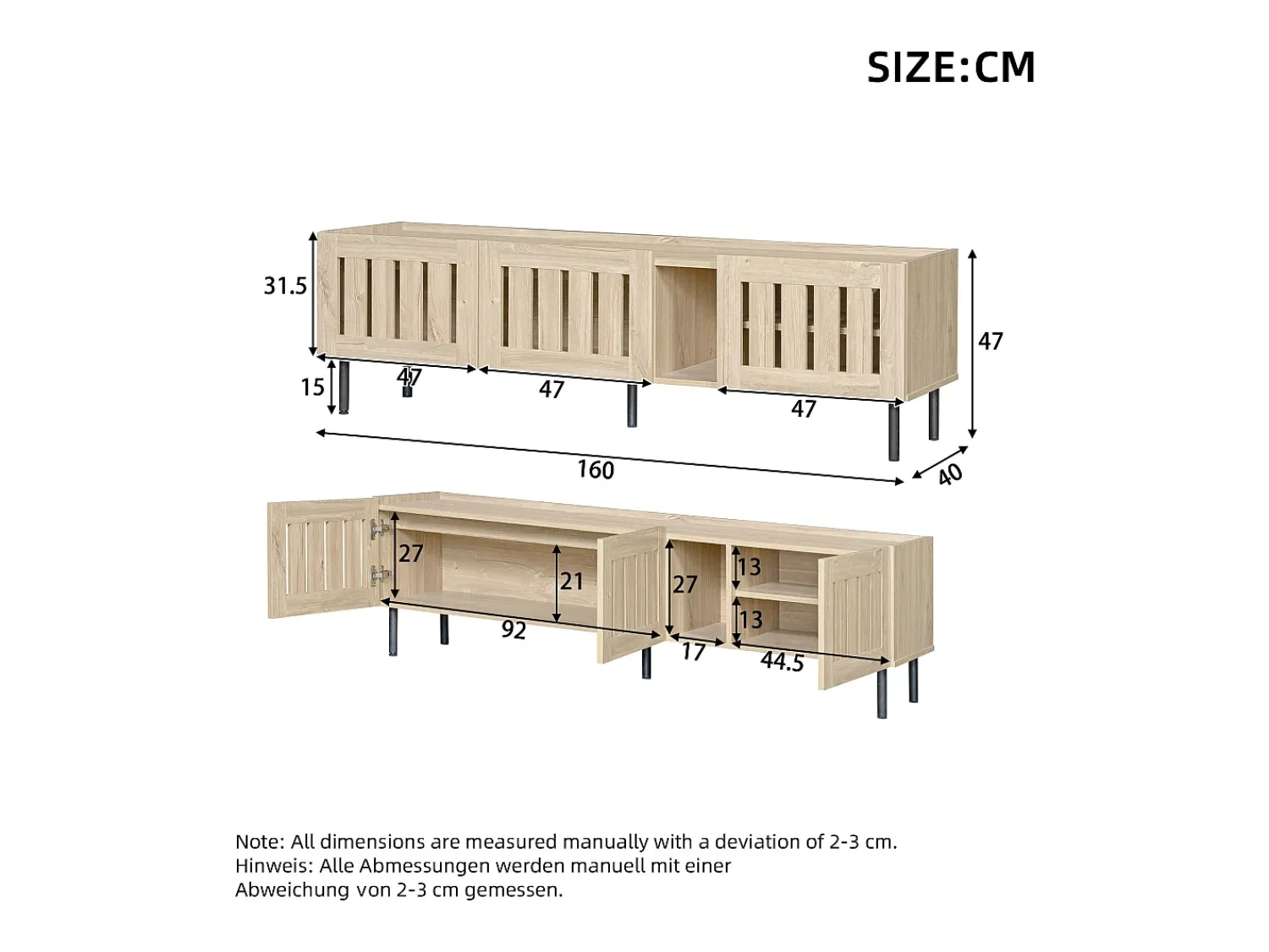 Móvel De Tv*ModernLuxe Móvel para TV 160x40x47 cm - com 3 portas - Design vazado - MDF + metal - Natural Natural claro
