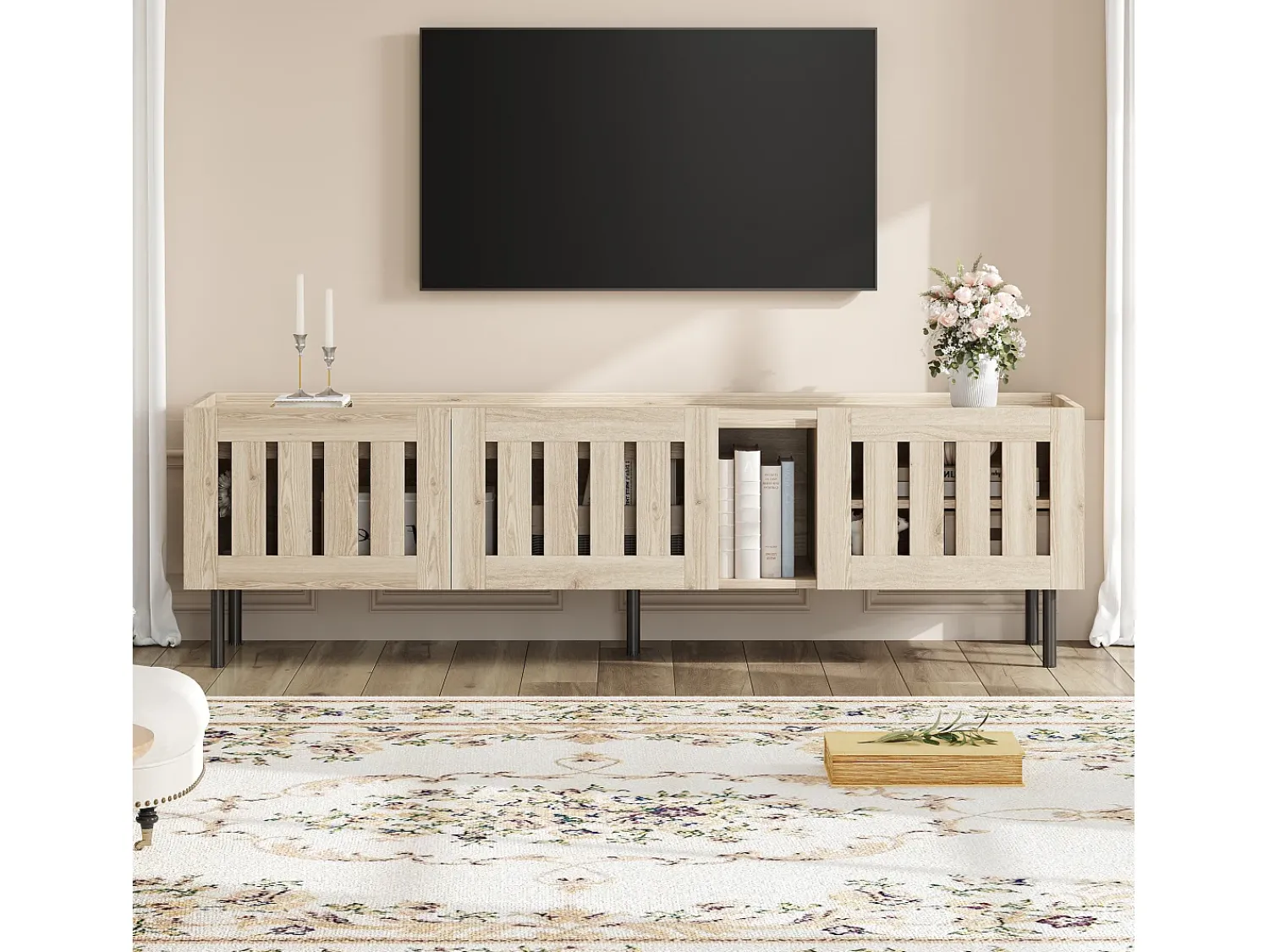 Móvel De Tv*ModernLuxe Móvel para TV 160x40x47 cm - com 3 portas - Design vazado - MDF + metal - Natural Natural claro