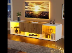 Clearance ModernLuxe Móvel para TV 160x40x42 cm - com 2 gavetas - compatível com televisores até 70 polegadas - branco/natural Natural claro / Branco