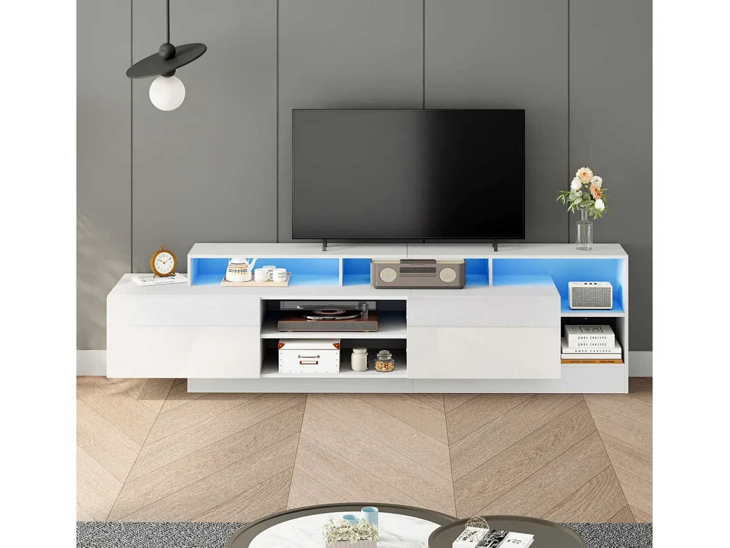 Clearance ModernLuxe Móvel para TV 190x40x48,5 cm - com iluminação LED - 2 portas basculantes - Espaço de armazenamento aberto - Acabamento brilhante - Branco