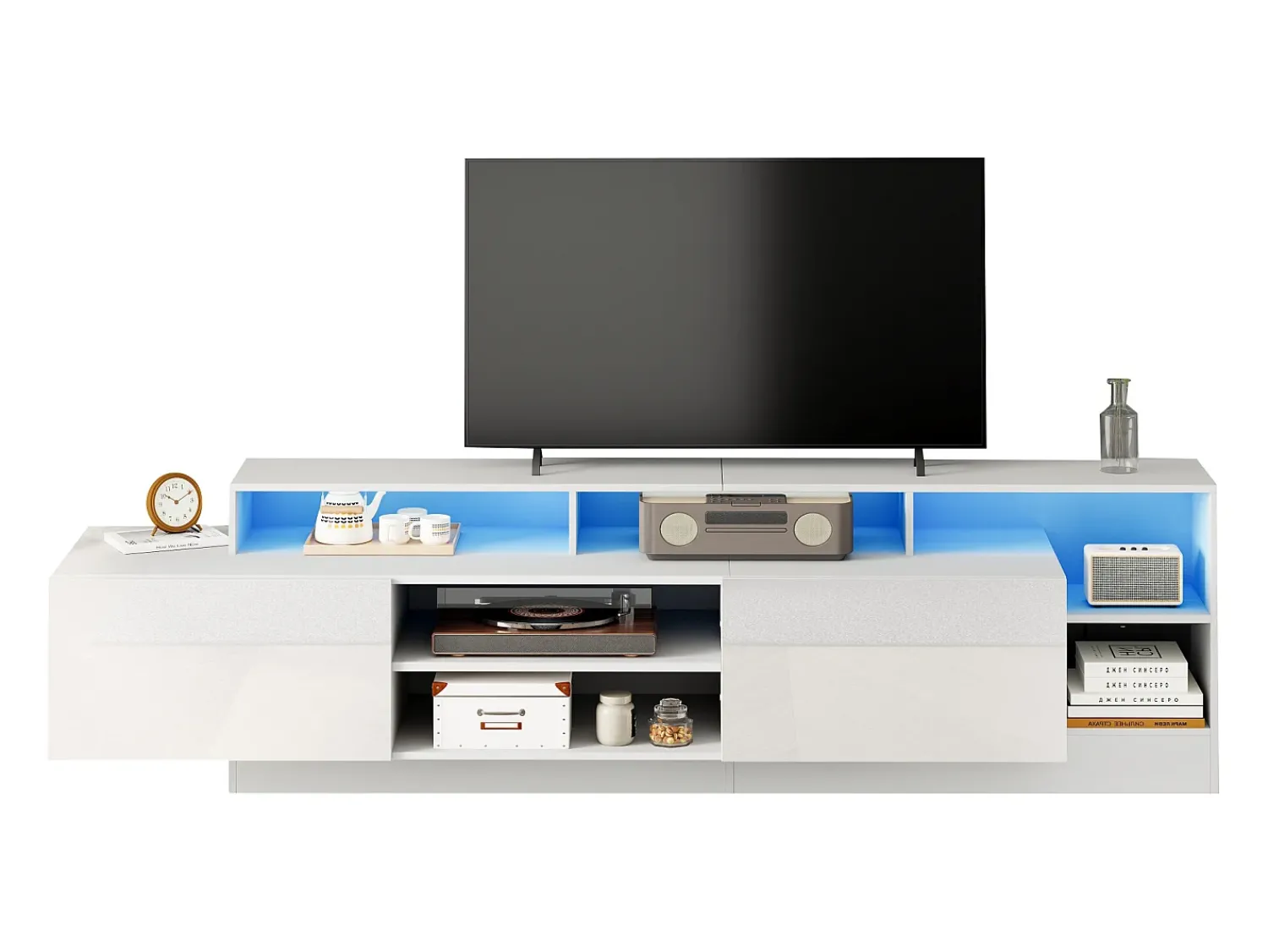 Clearance ModernLuxe Móvel para TV 190x40x48,5 cm - com iluminação LED - 2 portas basculantes - Espaço de armazenamento aberto - Acabamento brilhante - Branco