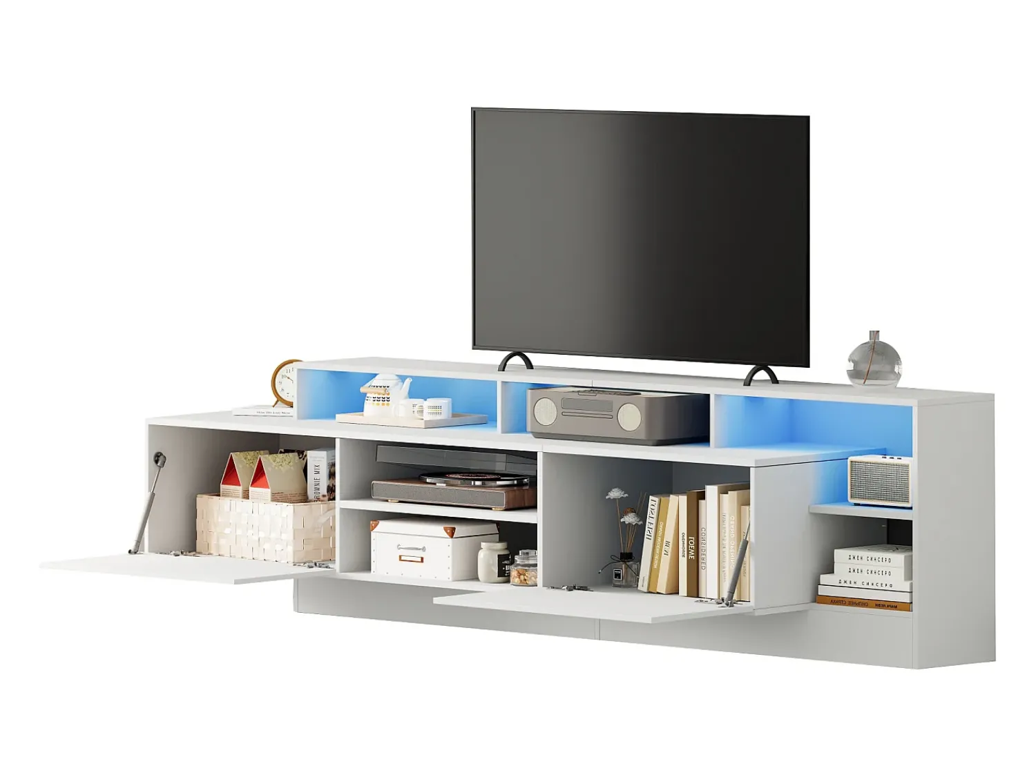 Clearance ModernLuxe Móvel para TV 190x40x48,5 cm - com iluminação LED - 2 portas basculantes - Espaço de armazenamento aberto - Acabamento brilhante - Branco