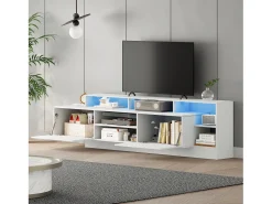 Clearance ModernLuxe Móvel para TV 190x40x48,5 cm - com iluminação LED - 2 portas basculantes - Espaço de armazenamento aberto - Acabamento brilhante - Branco