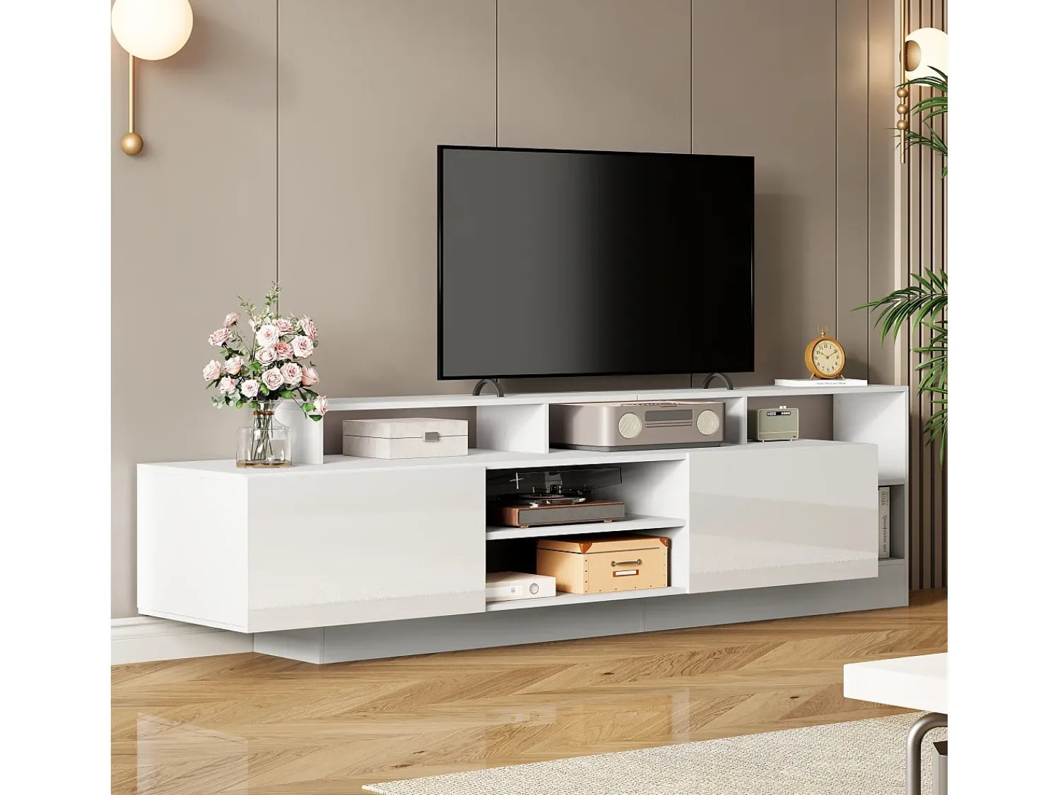 Clearance ModernLuxe Móvel para TV 190x40x48,5 cm - com iluminação LED - 2 portas basculantes - Espaço de armazenamento aberto - Acabamento brilhante - Branco